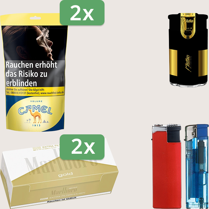 Camel Yellow 2 x 102 g Sparpaket mit 500 Marlboro Gold Extra Hülsen und Feuerzeugset