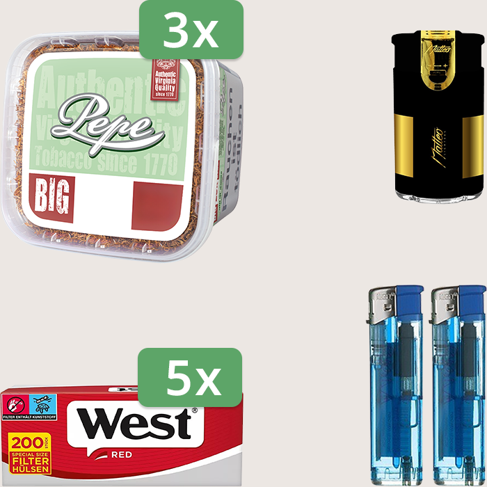 Pepe Bright Green 3 x 170 g Sparpaket mit 1.000 West Red Hülsen und Feuerzeugset