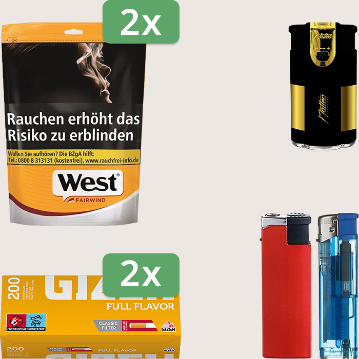 West Yellow 2 x 93 g Sparpaket mit 400 Gizeh Full Flavor Hülsen und Feuerzeugset