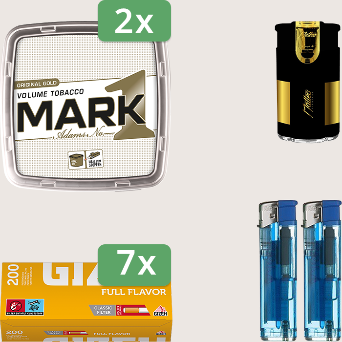 Mark 1 Gold 2 x 400 g Sparpaket mit 1.400 Gizeh Full Flavor Hülsen und Feuerzeugset Mark 1 Gold 2 x 400 g Sparpaket mit 1.400 Gizeh Full Flavor Hülsen und Feuerzeugset
