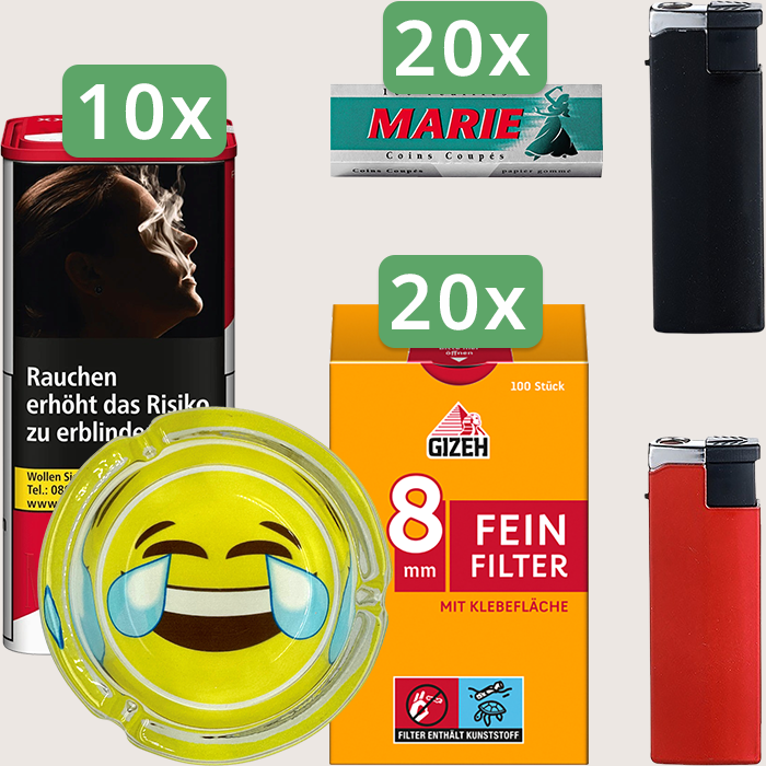 Marlboro Premium Red 10 x 155 g Sparpaket mit 2.000 Marie Blättchen, 2.000 Gizeh Feinfilter 8 mm und Aschenbecher