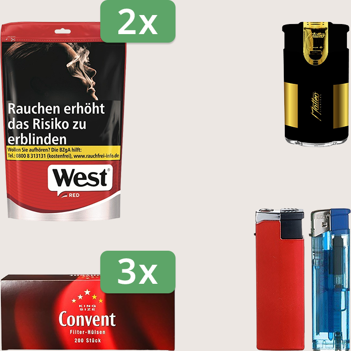 West Red 2 x 137 g Sparpaket mit 600 Convent Hülsen und Feuerzeugset