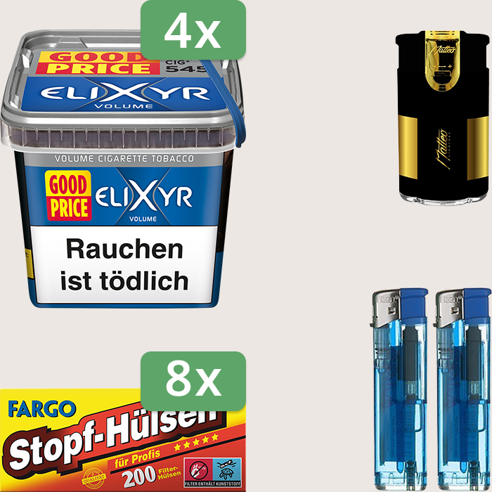Elixyr Volume Blue 4 x 245 g Sparpaket mit 1.600 Fargo Stopfhülsen und Feuerzeugset Elixyr Volume Blue 4 x 245 g Sparpaket mit 1.600 Fargo Stopfhülsen und Feuerzeugset