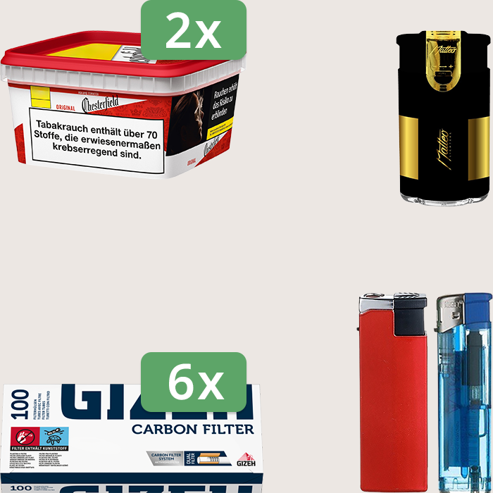 Chesterfield Original Red 2 x 144 g Sparpaket mit 600 Gizeh Carbon Hülsen und Feuerzeugset