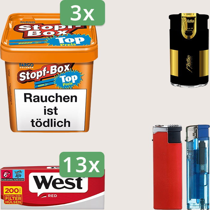 Fargo Stopfbox 3 x 400 g Sparpaket mit 2.600 West Red Hülsen und Feuerzeugset Fargo Stopfbox 3 x 400 g Sparpaket mit 2.600 West Red Hülsen und Feuerzeugset
