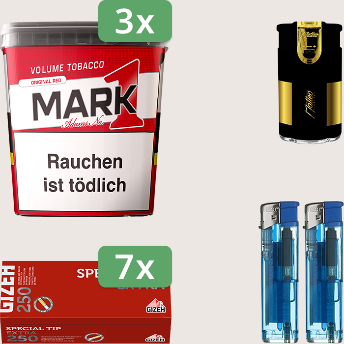 Mark 1 Original Red 3 x 320 g Sparpaket mit 1.750 Gizeh Special Tip Extra Hülsen und Feuerzeugset