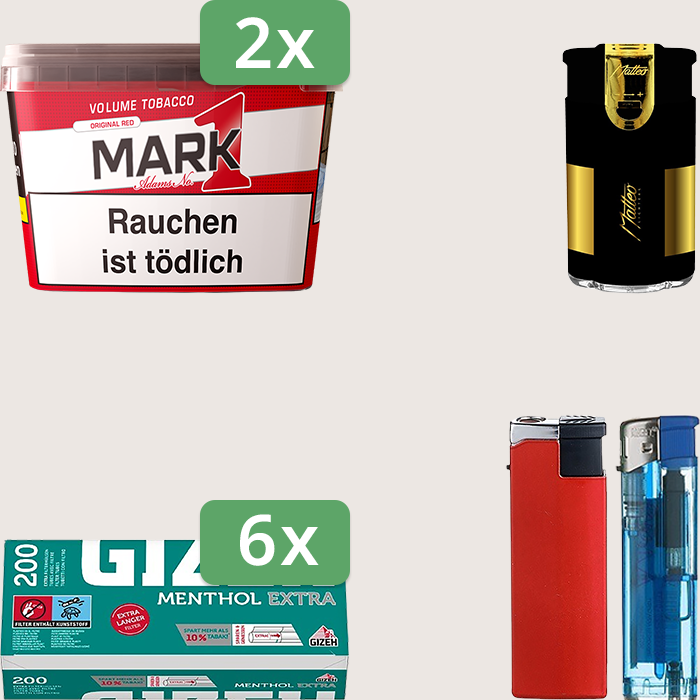 Mark 1 - 2 x 255 g Sparpaket mit 1.200 Gizeh Menthol Extra Hülsen und Feuerzeugset