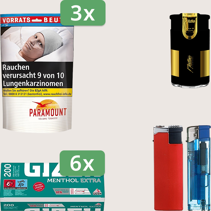 Paramount 3 x 185 g mit 1.200 Gizeh Menthol Extra Hülsen und Feuerzeugset