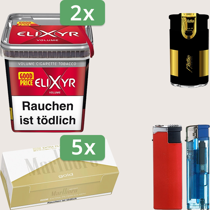 Elixyr Red 2 x 245 g Sparpaket mit 1.250 Marlboro Gold Extra Hülsen und Feuerzeugset