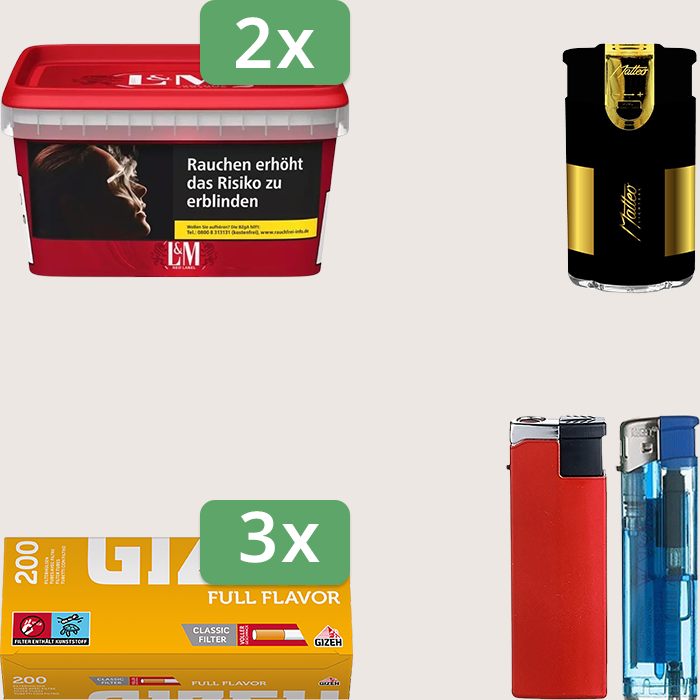 L&M Red 2 x 129 g Sparpaket mit 600 Gizeh Full Flavor Hülsen und Feuerzeugset