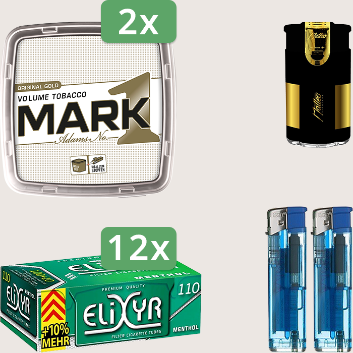 Mark 1 Gold 2 x 400 g Sparpaket mit 1.320 Elixyr Energy+ Menthol Hülsen und Feuerzeugset Mark 1 Gold 2 x 400 g Sparpaket mit 1.320 Elixyr Energy+ Menthol Hülsen und Feuerzeugset