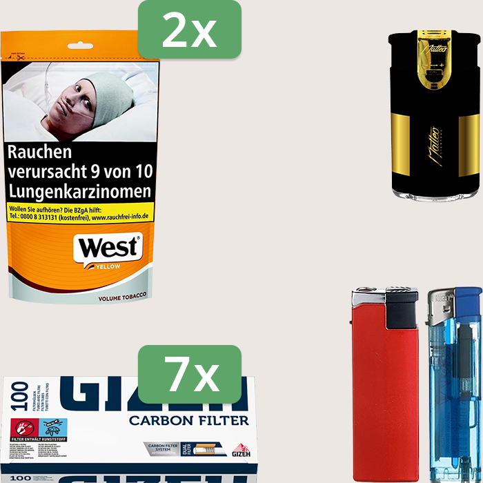 West Yellow 2 x 155 g Sparpaket mit 700 Gizeh Carbon Hülsen und Feuerzeugset