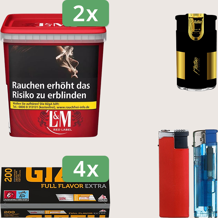 L&M Red 2 x 185 g Sparpaket mit 800 Gizeh Full Flavor Extra Hülsen und Feuerzeugset L&M Red 2 x 185 g Sparpaket mit 800 Gizeh Full Flavor Extra Hülsen und Feuerzeugset