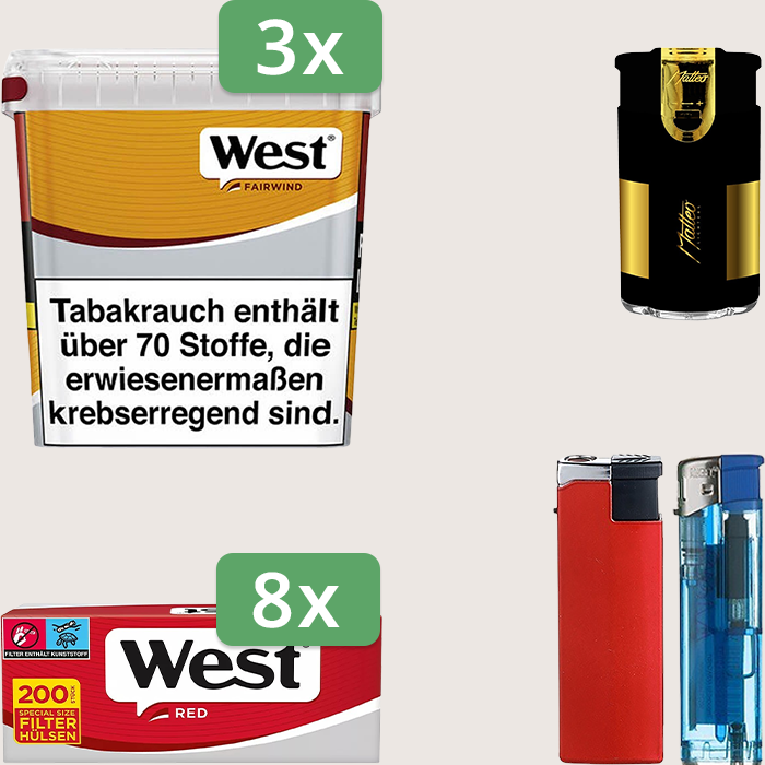 West Yellow 3 x 235 g Sparpaket mit 1.600 West Red Hülsen und Feuerzeugset