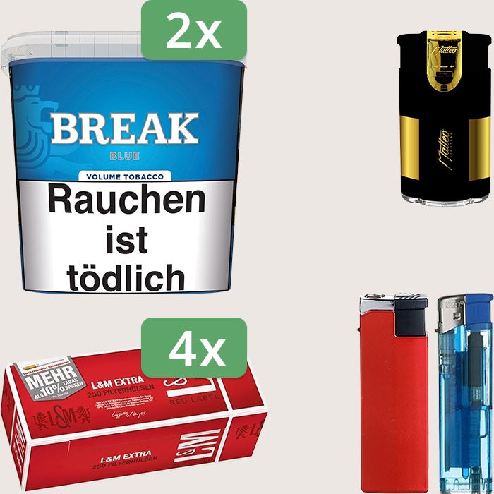 Break Blue 2 x 195 g Sparpaket mit 1.000 L&M Extra Red Label Hülsen und Feuerzeugset