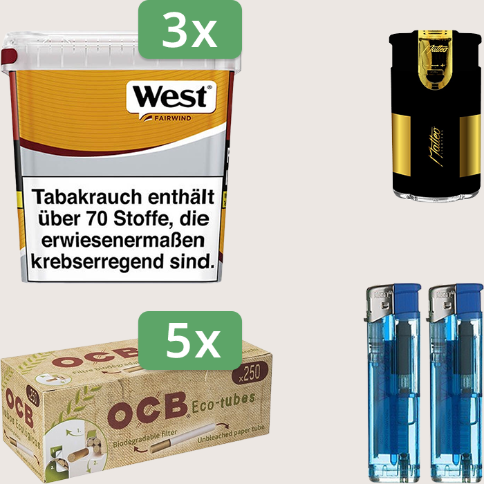 West Yellow 3 x 245 g Sparpaket mit 1.250 OCB Organic Hülsen und Feuerzeugset
