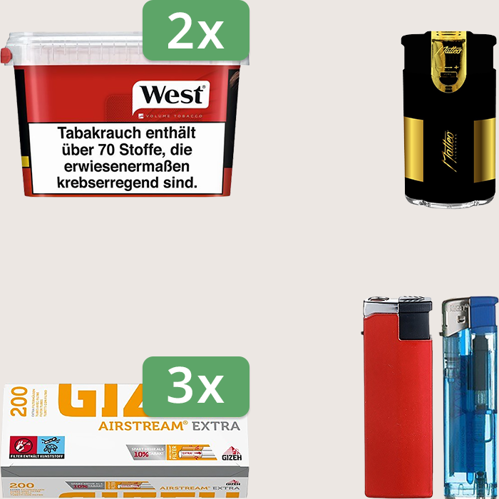 West Red 2 x 115 g Sparpaket mit 600 Gizeh Airstream Extra Hülsen und Feuerzeugset
