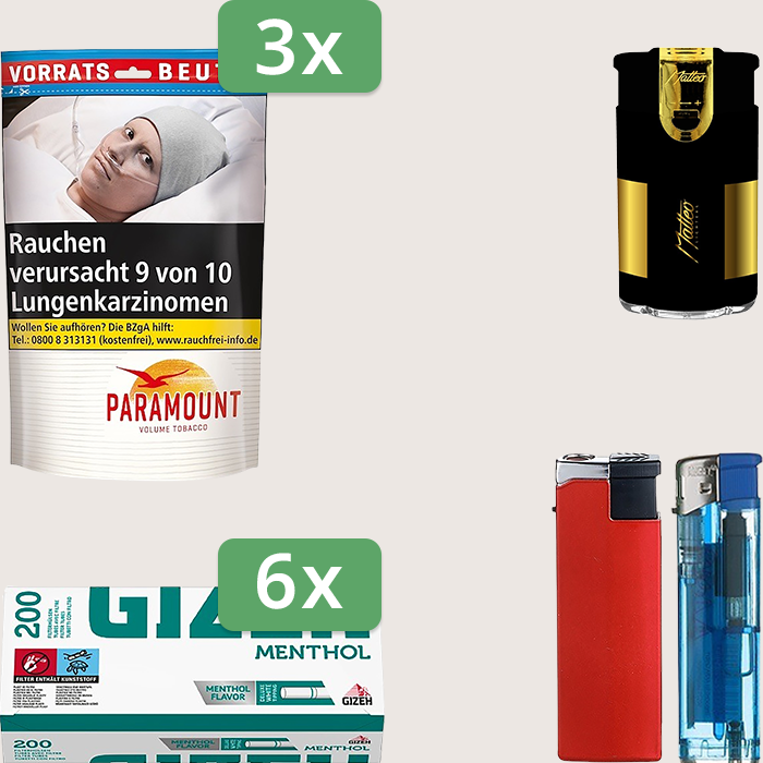 Paramount 3 x 185 g mit 1.200 Gizeh Menthol Hülsen und Feuerzeugset
