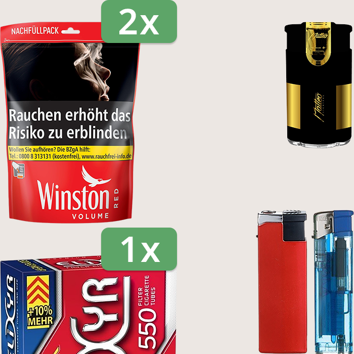 Winston Red 2 x 105 g Sparpaket mit 550 Elixyr Hülsen und Feuerzeugset