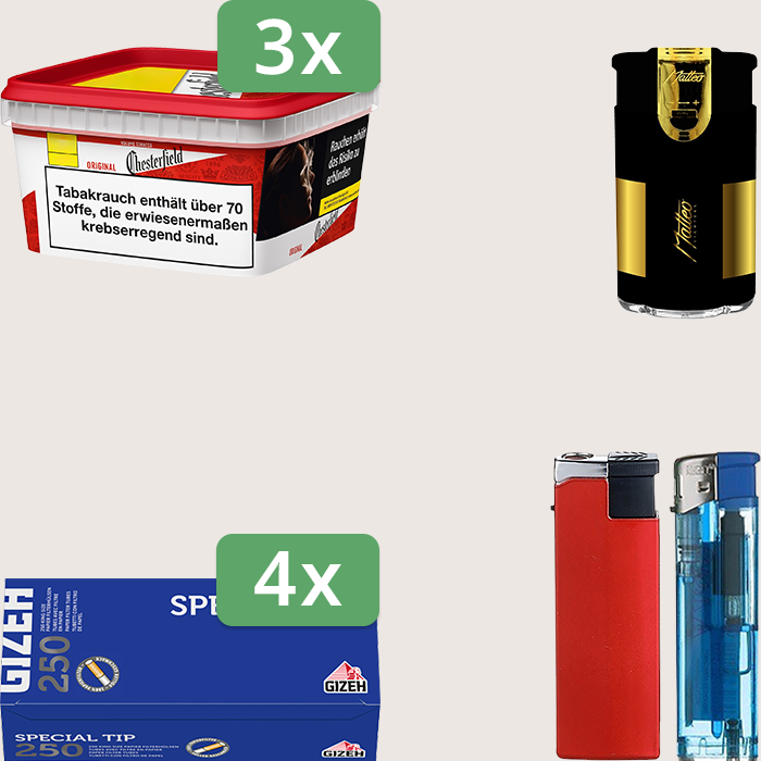 Chesterfield Original Red 3 x 135 g mit 1.000 Gizeh Special Tip Hülsen und Feuerzeugset