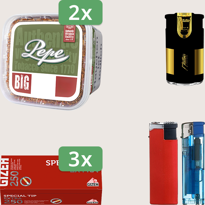 Pepe Rich Green 2 x 170 g Sparpaket mit 750 Gizeh Special Tip Extra Hülsen und Feuerzeugset
