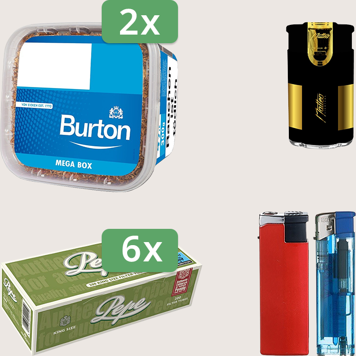 Burton Blue 2 x 270 g Sparpaket mit 1.200 Pepe Hülsen und Feuerzeugset