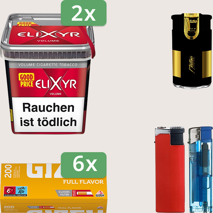 Elixyr Red 2 x 260 g Sparpaket mit 1.200 Gizeh Full Flavor Hülsen und Feuerzeugset