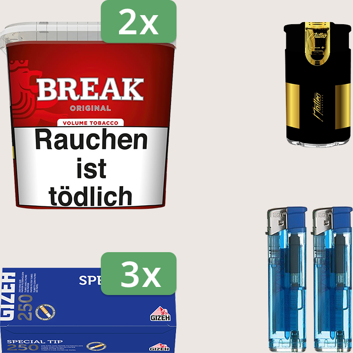 Break Original 2 x 185 g Sparpaket mit 750 Gizeh Special Tip Hülsen und Feuerzeugset