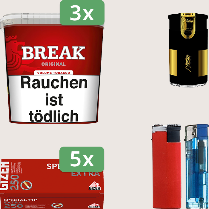 Break Original 3 x 185 g Sparpaket mit 1.250 Gizeh Special Tip Extra Hülsen und Feuerzeugset