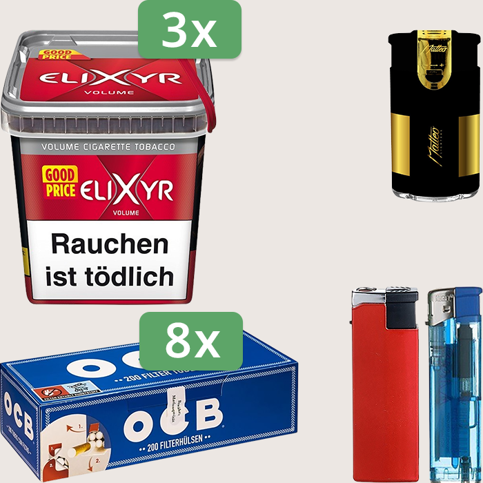 Elixyr Red 3 x 245 g Sparpaket mit 1.600 OCB Hülsen und Feuerzeugset