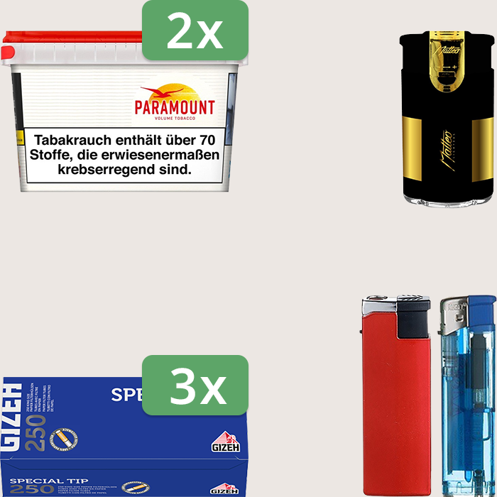 Paramount 2 x 125 g Sparpaket mit 750 Gizeh Special Tip Hülsen und Feuerzeugset