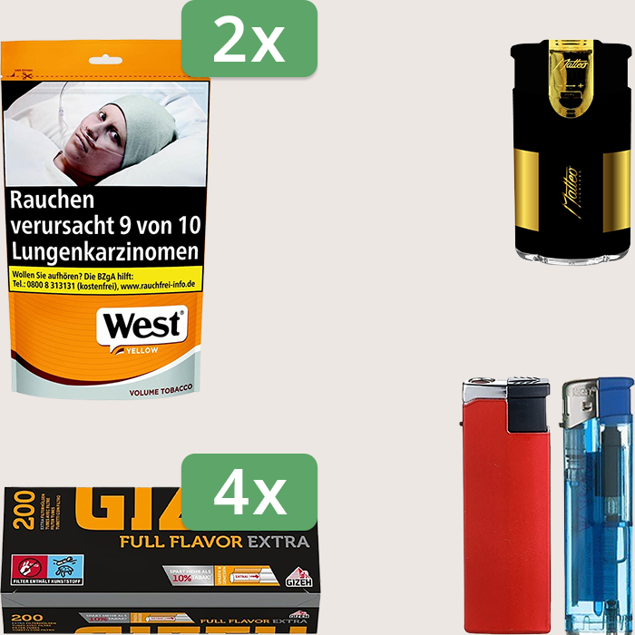 West Yellow 2 x 155 g Sparpaket mit 800 Gizeh Full Flavor Extra Hülsen und Feuerzeugset