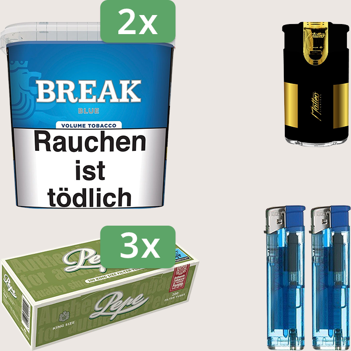 Break Blue 2 x 185 g Sparpaket mit 600 Pepe Hülsen und Feuerzeugset Break Blue 2 x 185 g Sparpaket mit 600 Pepe Hülsen und Feuerzeugset