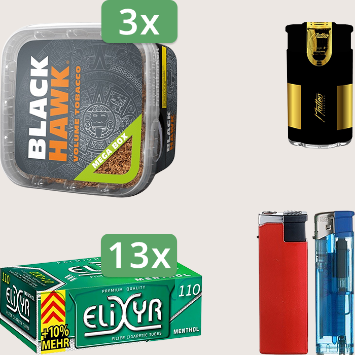 Black Hawk 3 x 230 g mit 1.430 Energy+ Menthol Hülsen und Feuerzeugset