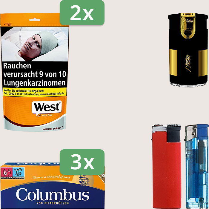 West Yellow 2 x 155 g Sparpaket mit 750 Columbus Hülsen und Feuerzeugset