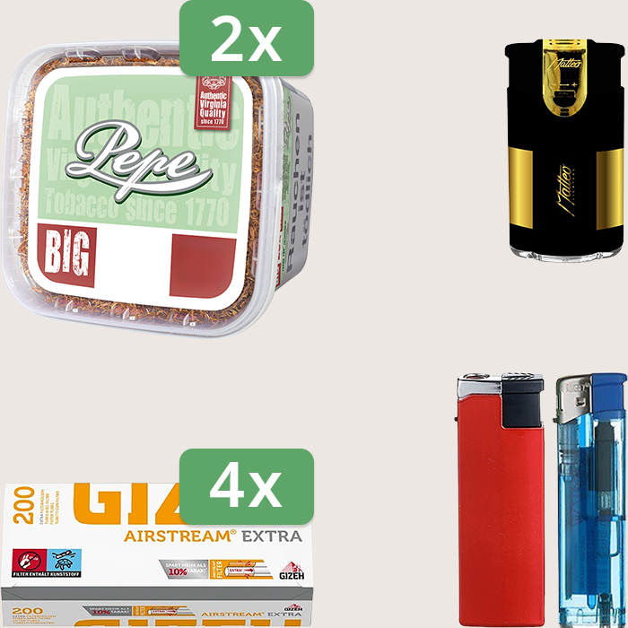Pepe Bright Green 2 x 170 g Sparpaket mit 800 Gizeh Airstream Extra Hülsen und Feuerzeugset
