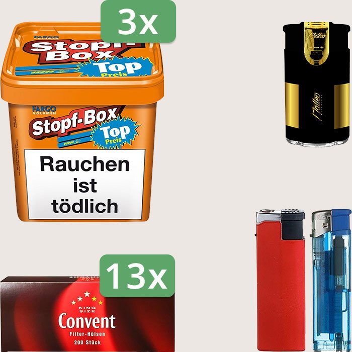 Fargo Stopfbox 3 x 400 g Sparpaket mit 2.600 Convent Hülsen und Feuerzeugset