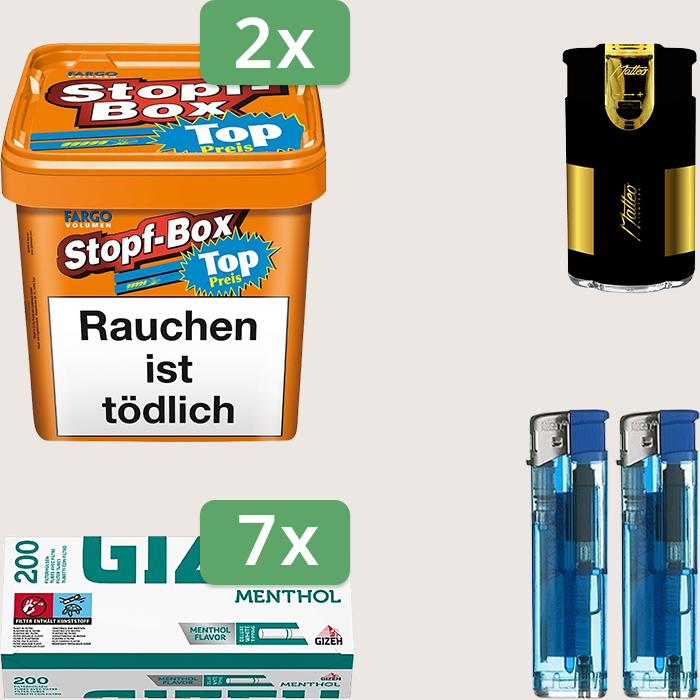 Fargo Stopfbox 2 x 400 g Sparpaket mit 1.400 Gizeh Menthol Hülsen und Feuerzeugset