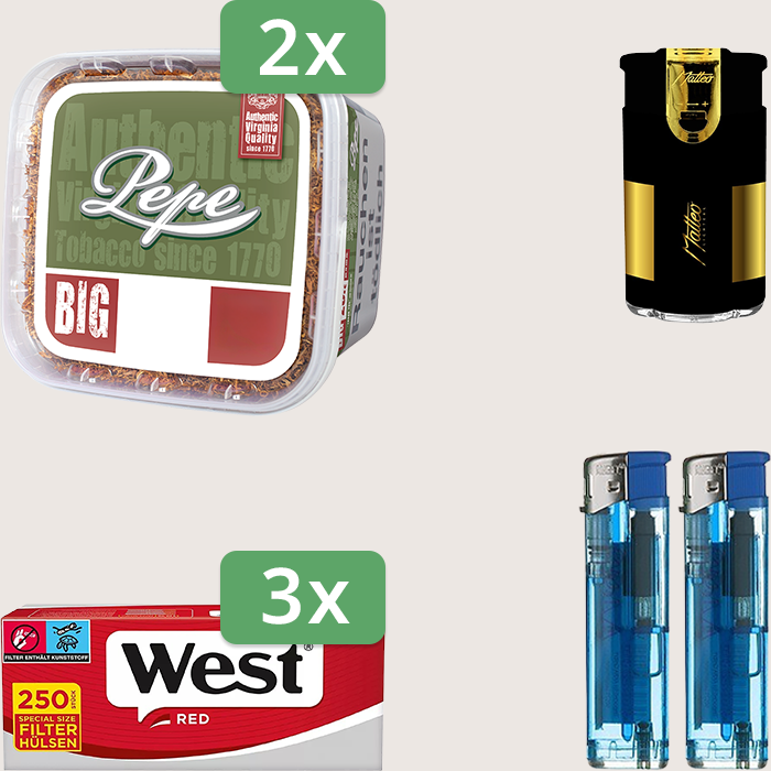 Pepe Rich Green 2 x 170 g Sparpaket mit 750 West Red Special Size Hülsen und Feuerzeugset Pepe Rich Green 2 x 170 g Sparpaket mit 750 West Red Special Size Hülsen und Feuerzeugset