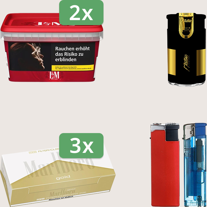 L&M Red 2 x 129 g Sparpaket mit 600 Marlboro Gold Hülsen und Feuerzeugset