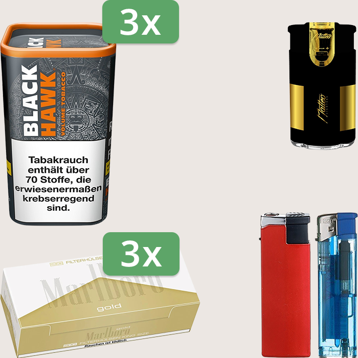 Black Hawk 3 x 90 g mit 600 Marlboro Gold Hülsen und Feuerzeugset