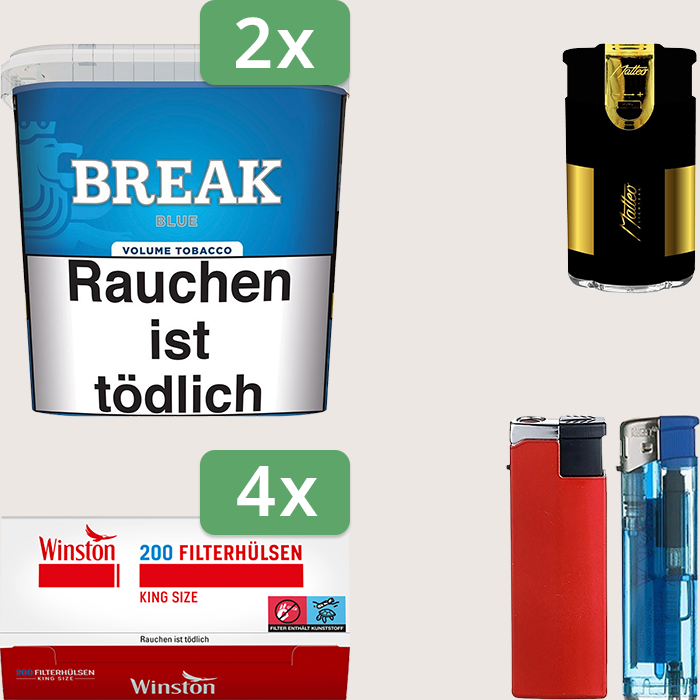 Break Blue 2 x 195 g Sparpaket mit 800 Winston Hülsen und Feuerzeugset