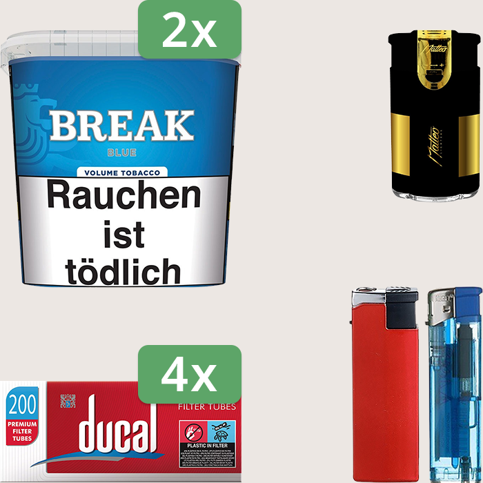Break Blue 2 x 195 g Sparpaket mit 800 Ducal Hülsen und Feuerzeugset
