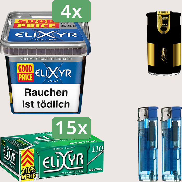 Elixyr Volume Blue 4 x 245 g Sparpaket mit 1.650 Elixyr Energy Plus Menthol Hülsen und Feuerzeugset Elixyr Volume Blue 4 x 245 g Sparpaket mit 1.650 Elixyr Energy Plus Menthol Hülsen und Feuerzeugset