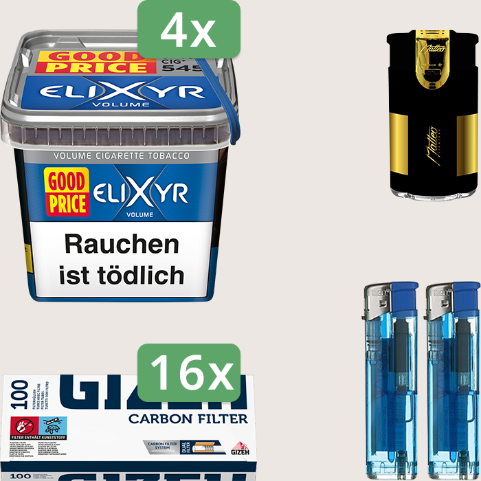 Elixyr Volume Blue 4 x 245 g Sparpaket mit 1.600 Gizeh Carbon Hülsen und Feuerzeugset Elixyr Volume Blue 4 x 245 g Sparpaket mit 1.600 Gizeh Carbon Hülsen und Feuerzeugset