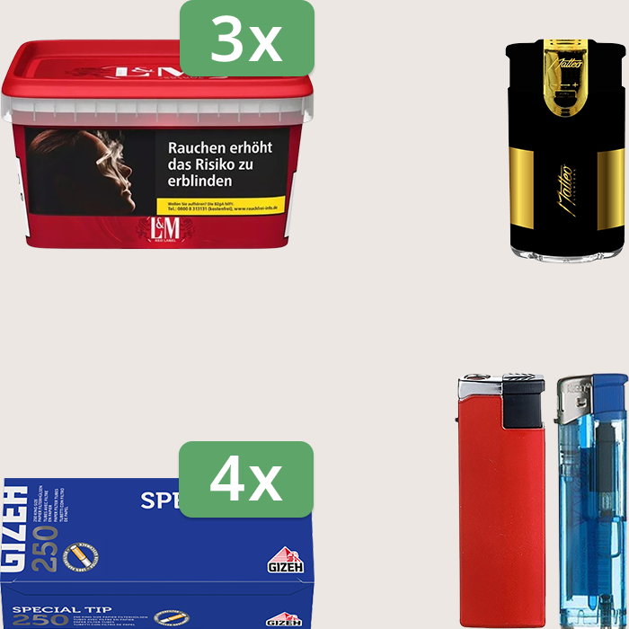L&M Red 3 x 129 g Sparpaket mit 1.000 Gizeh Special Tip Hülsen und Feuerzeugset L&M Red 3 x 129 g Sparpaket mit 1.000 Gizeh Special Tip Hülsen und Feuerzeugset