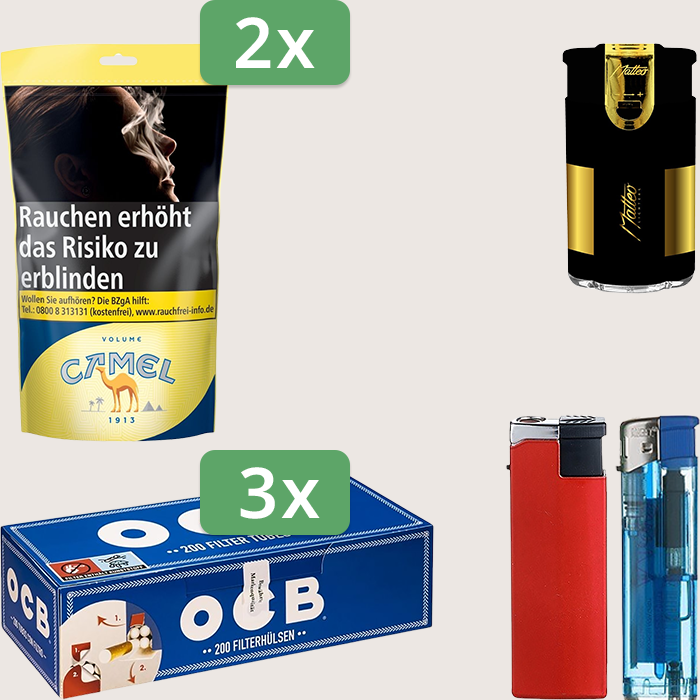 Camel Yellow 2 x 102 g Sparpaket mit 600 OCB Hülsen und Feuerzeugset