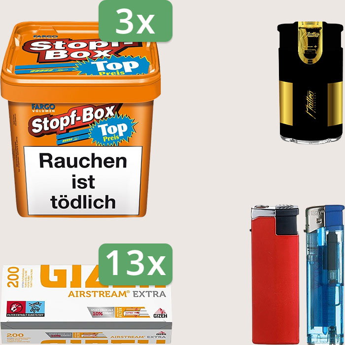 Fargo Stopfbox 3 x 400 g Sparpaket mit 2.600 Gizeh Airstream Extra Hülsen und Feuerzeugset