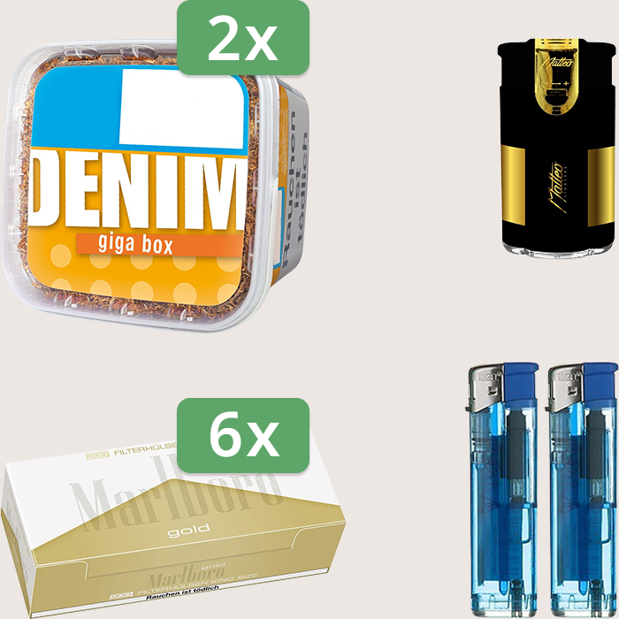 Denim Classic 2 x 315 g Sparpaket mit 1.200 Marlboro Gold Hülsen und Feuerzeugset
