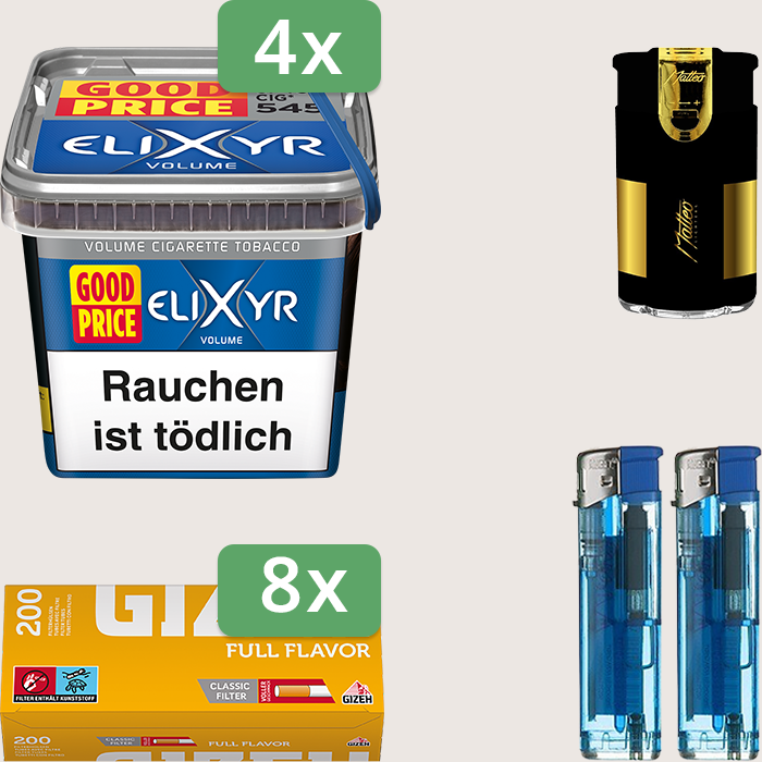 Elixyr Volume Blue 4 x 245 g Sparpaket mit 1.600 Gizeh Full Flavor Hülsen und Feuerzeugset Elixyr Volume Blue 4 x 245 g Sparpaket mit 1.600 Gizeh Full Flavor Hülsen und Feuerzeugset